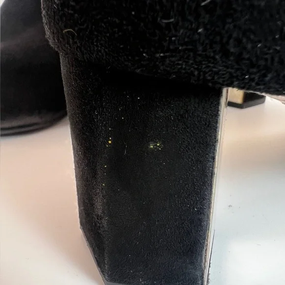 Prada Black Suede Block Heeled Booties with mirror detail on heel 37.5